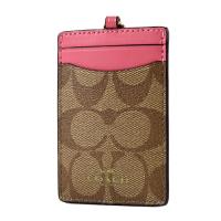 COACH 緹花LOGO防刮皮革識別證掛帶票卡夾-胭脂粉