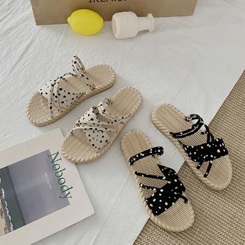 【Alice 】 (預購) 草編夏季沙灘海灘圓點清新森林一字涼拖鞋