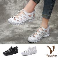 【Vecchio】真皮頭層牛皮手工縫線流線彈力抽繩魔鬼粘厚底羅馬涼鞋(2色任選)