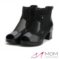 【MOM】真皮性感魚嘴網紗蝴蝶結串珠飾粗跟涼靴(黑)