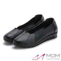 【MOM】真皮頭層牛皮花邊鞋口軟底平底單鞋(黑)