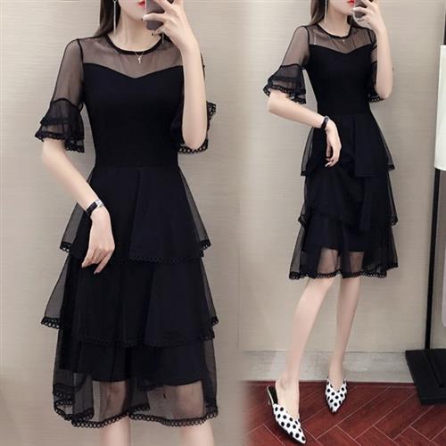 【KVOLL】優雅純色網紗拼接蛋糕裙洋裝XL-5XL