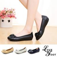 【LOVE FOOT 樂芙】全真皮甜美蝴蝶結飾軟底舒適坡跟單鞋(4色任選)