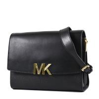 MICHAEL KORS 金字MK LOGO荔枝紋磁釦翻蓋寬背帶斜背包-黑色