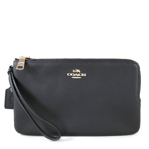 COACH 金馬車LOGO鵝卵石紋全皮革提掛式雙層拉鍊長夾(黑色)