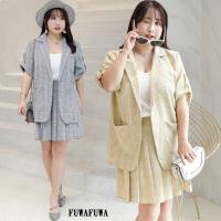 FUWAFUWA- - 加大尺碼格子雪紡短袖西裝套裝