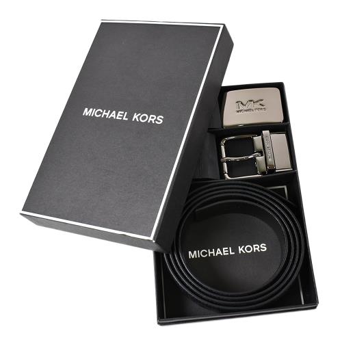 MICHAEL KORS 男款 緹花LOGO雙釦頭雙面用窄版皮帶禮盒組-黑色