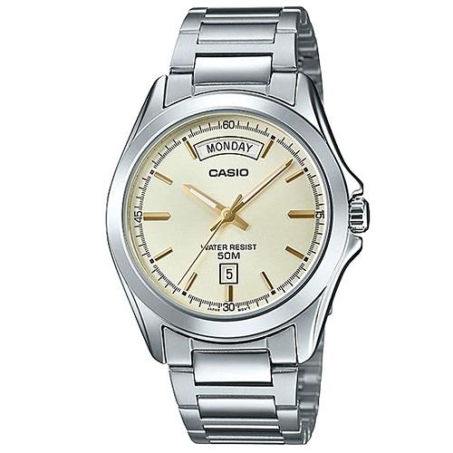 【CASIO 】簡潔有型時尚不鏽鋼腕錶-米X金(MTP-1370D-9A)