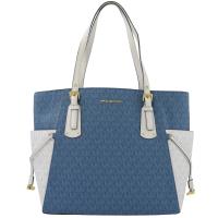 MICHAEL KORS VOYAGER 撞色滿版LOGO拼接三層托特包.藍