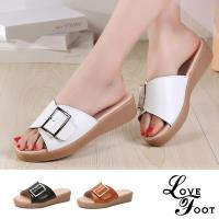 【LOVE FOOT 樂芙】真皮個性皮帶釦飾坡跟厚底拖鞋 (3色任選)