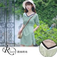 【iRurus 路絲時尚】歐美雜誌款休閒大V領素面短袖連身洋裝上衣/1色/SMLXL (RL0102-8371)現+預