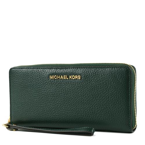 MICHAEL KORS 專櫃款 金字荔枝紋多卡層手掛式拉鍊長夾-英國綠