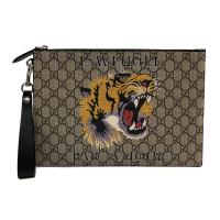 【GUCCI】GG Superme 虎頭設計PVC拉鍊手拿包 (473904-烏木)