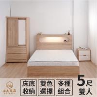 洛根 北歐燈光插座橢圓造型房間五件組-雙人5尺 床墊+床頭+六抽床底(含尾片)+衣櫃+二抽邊櫃