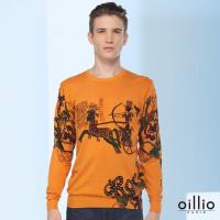 oillio歐洲貴族 男裝 頂級天絲棉 親膚自然棉 古典戰士車馬奔騰 吸濕不悶 長袖針織衫 線衫 黃色-男裝 獨特品味 典雅男人必備