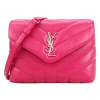 YSL Saint Laurent LOGO牛皮Y字縫線翻小斜背包-桃紅
