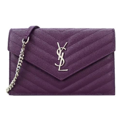 YSL MONOGRAM系列V字縫線魚子醬牛皮金屬LOGO金鍊肩背信封包-紫