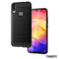 YANGYI揚邑-小米 紅米 Note 7 拉絲紋碳纖維軟殼散熱防震抗摔手機殼-黑