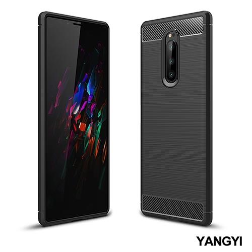 YANGYI揚邑-Sony Xperia 1 拉絲紋碳纖維軟殼散熱防震抗摔手機殼-黑