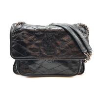 【YSL】Niki 縫線斜紋揉製牛皮仿舊銀鍊肩背/斜背鍊帶包-中 (498894-黑)