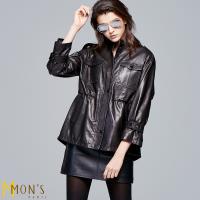 MONS 專櫃精品100%綿羊皮長版收腰皮外套