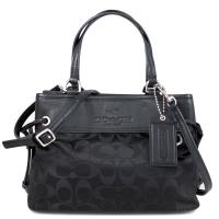 COACH 黑色緹花LOGO綁帶三層手提/斜背兩用包