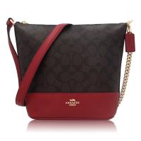 COACH 經典LOGO金鍊斜背水桶包-紅/咖