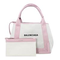 BALENCIAGA 巴黎世家 339933 NAVY 厚帆布皮飾邊手提托特包.粉邊