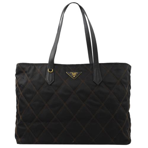 PRADA 1BG085 三角LOGO撞色菱格紋尼龍帆布肩背包.黑