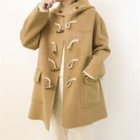 【米蘭精品】毛呢大衣羊毛外套-短版寬鬆連帽牛角扣女外套2色73wb48
