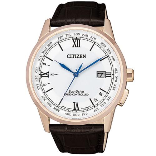 CITIZEN 星辰 光動能電波對時萬年曆腕錶/白x咖啡/42.7mm/CB0152-16A