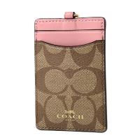 COACH 緹花LOGO防刮皮革識別證掛帶票卡夾-花瓣粉