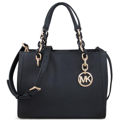 MICHAEL KORS 金字圓標LOGO防刮皮革手提/斜背兩用包(黑色／中款)