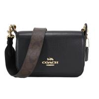 COACH 荔枝皮革寬版LOGO背帶相機斜背包(黑色)
