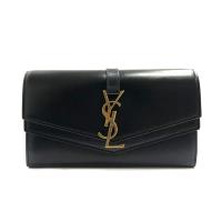 【YSL】SULPICE 仿舊金logo小牛皮雙蓋長夾 (黑)