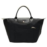 LONGCHAMP Le Pliage系列經典刺繡LOGO短提把手提包(中) 黑色 L1623619001 Noir