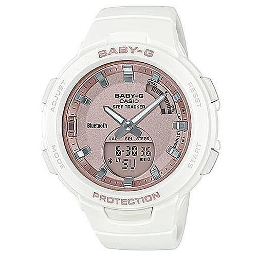 【CASIO】BABY-G 藍芽計步新女性時尚運動雙顯錶-白X玫瑰金 (BSA-B100MF-7A)