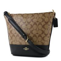 COACH 緹花LOGO防刮皮革鍊帶斜背水桶包-黑邊