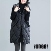 【YOUNGBABY中大碼】羔羊毛連帽菱格鋪棉拉鍊保暖長背心.黑