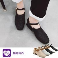 【iRurus 路絲時尚】韓系秋冬單品素面一字扣亮片方頭短跟鞋/4色/35-43碼 (RX1310-C-61)現+預