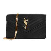 【YSL】V字縫線牛皮金logo金鍊斜肩/手拿包(377828-黑)