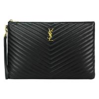 YSL SAINT LAURENT V字縫線牛皮金屬LOGO大手拿包(黑)