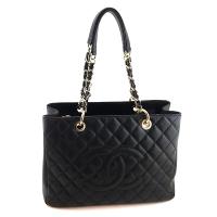CHANEL 黑色菱格紋荔枝牛皮金鍊肩背GST豆腐包(展示品)