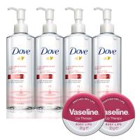 (即期良品)DOVE多芬 水氧淨透卸妝水(高透亮)235mlx4入+VASELINE 凡士林玫瑰潤澤圓罐護唇膏x2入