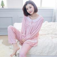 lingling日系 點點荷葉袖滾布蕾絲棉質長袖二件式睡衣組(全尺碼)