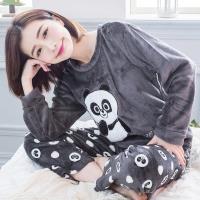 lingling日系 熊貓貼布圓領水貂絨長袖二件式睡衣組(全尺碼)