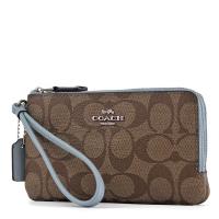 COACH 緹花LOGO雙層拉鍊手拿包-蒼白藍