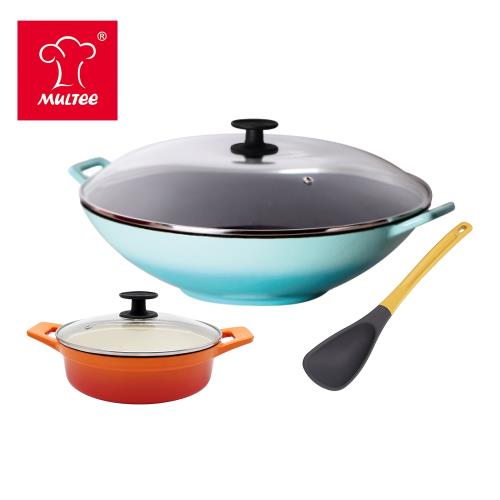 MULTEE摩堤 【買大送小超值組】36cm鑄鐵炒鍋+20cm鑄鐵壽喜燒鍋+贈平湯勺(鵝黃)
