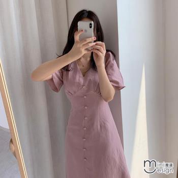 【Mini嚴選】現貨 日系Ｖ領優雅排扣連身裙 二色