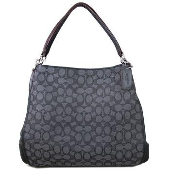 COACH 黑灰色描邊緹花LOGO三層賈姬肩背包(大)